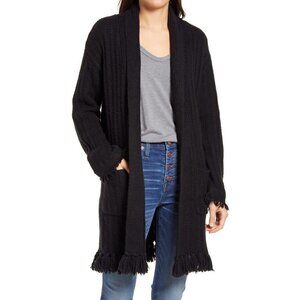 New Treasure & Bond Small Fringe Belted Cardigan Womens Knit Black NWT